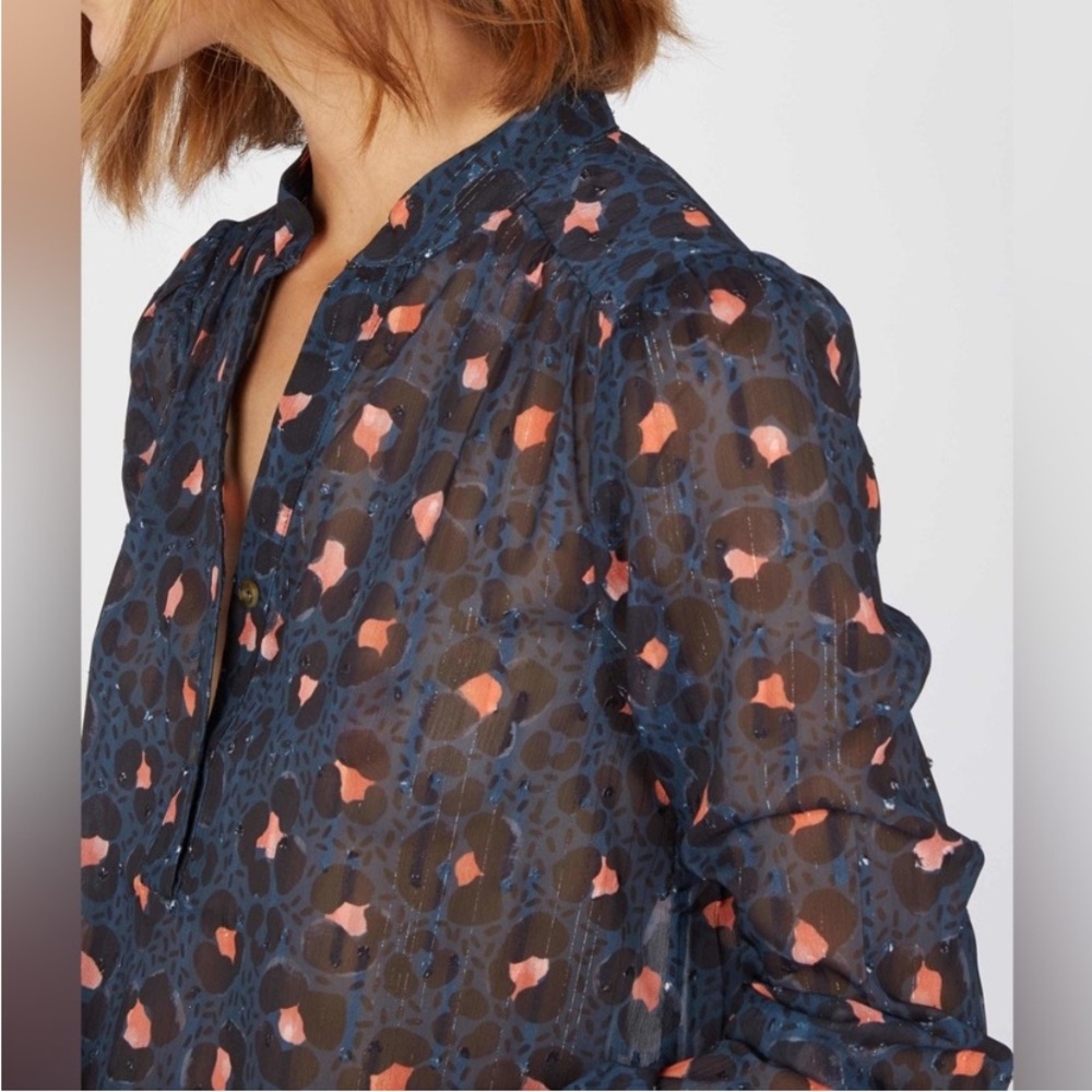 The Korner Metallic Thread Floral Cheetah Leopard Sheer Blouse M Medium